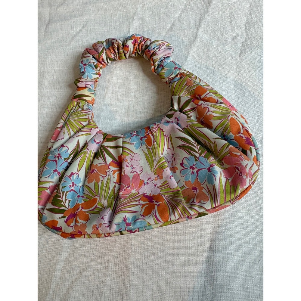 JustFab Floral Hobo Bag Ruched Scrunchie Handle Tropical Pleated Handbag